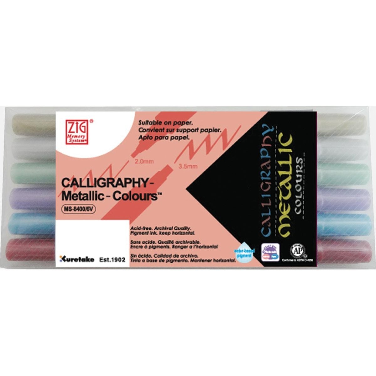 Набор маркеров для каллиграфии METALLIC CALLIGRAPHY d:2-3,5мм 6шт. пластиковая уп-ка по 1 290.00 руб от ZIG Kuretake