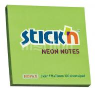 Блок для заметок STICK'N 76x76мм, 100л, самоклеящийся бумажный, неон зеленый по 50.00 руб от HOPAX