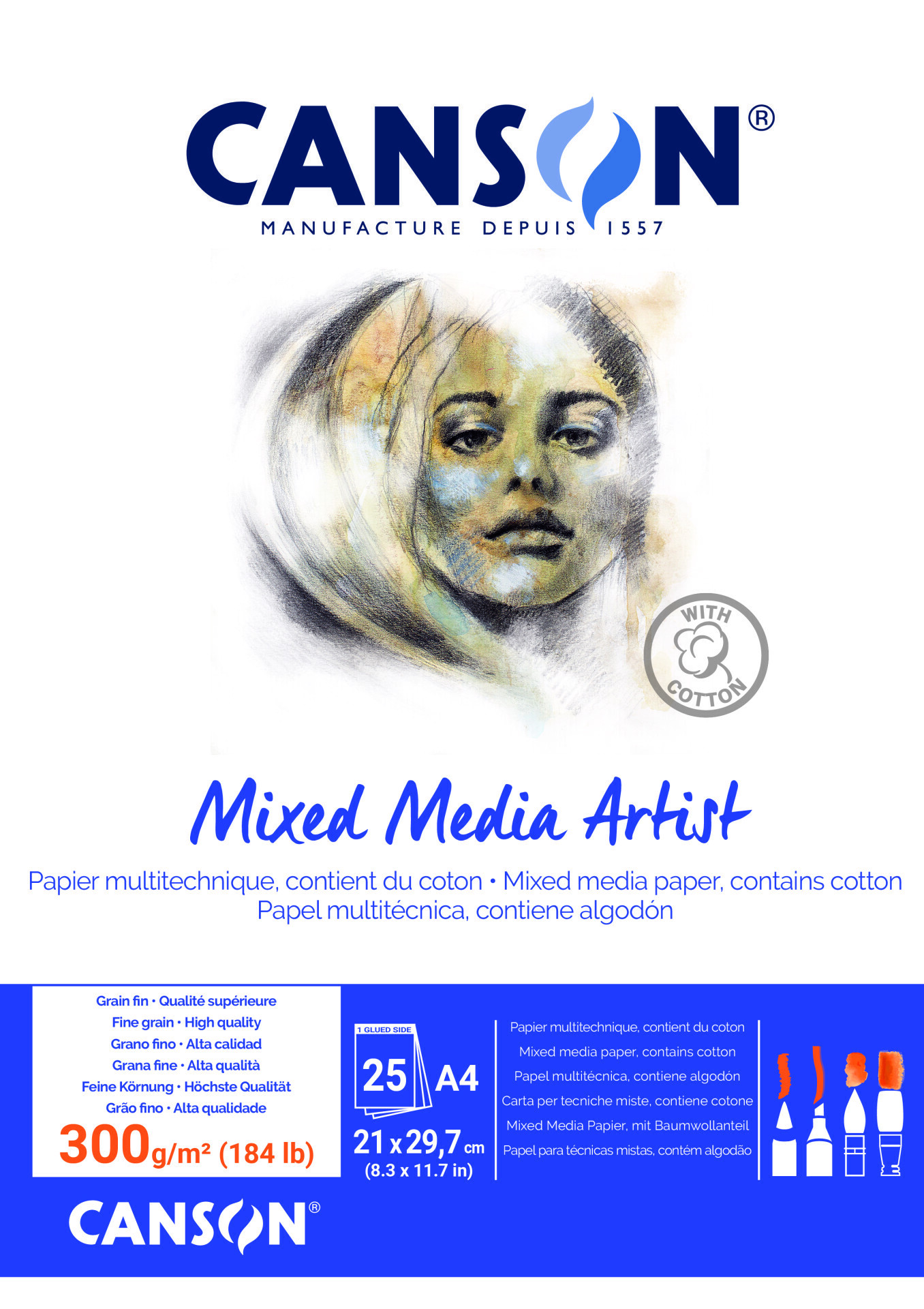 Альбом для акварели ARTIST MIX MEDIA 300г/кв.м (А4) 210х297мм 25л. склейка хлопок 60% по 1 374.00 руб от Canson